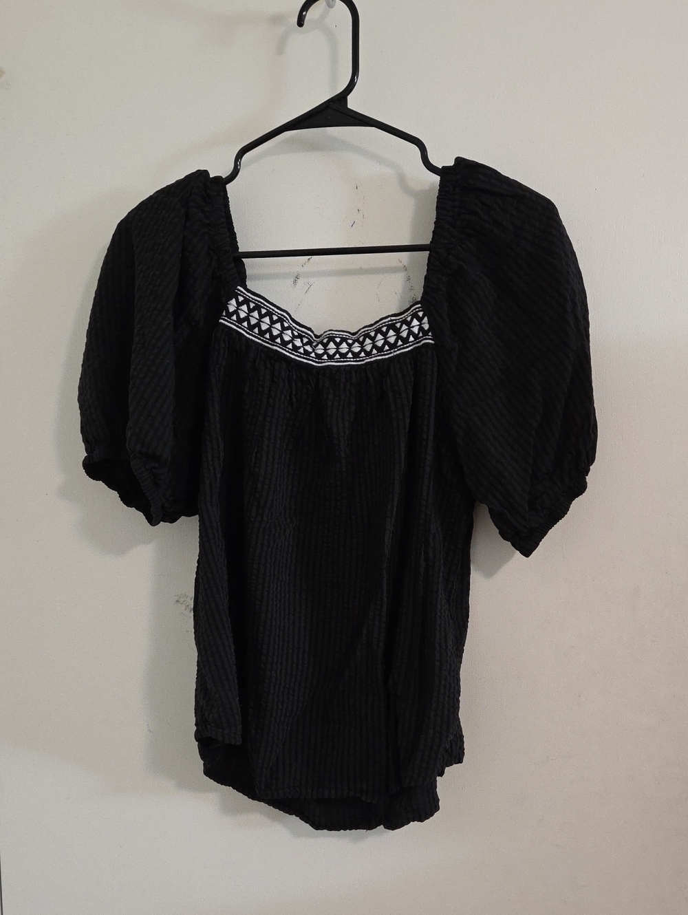 Maurices Black Puff Sleeve Peasant Blouse with Embroidered Trim